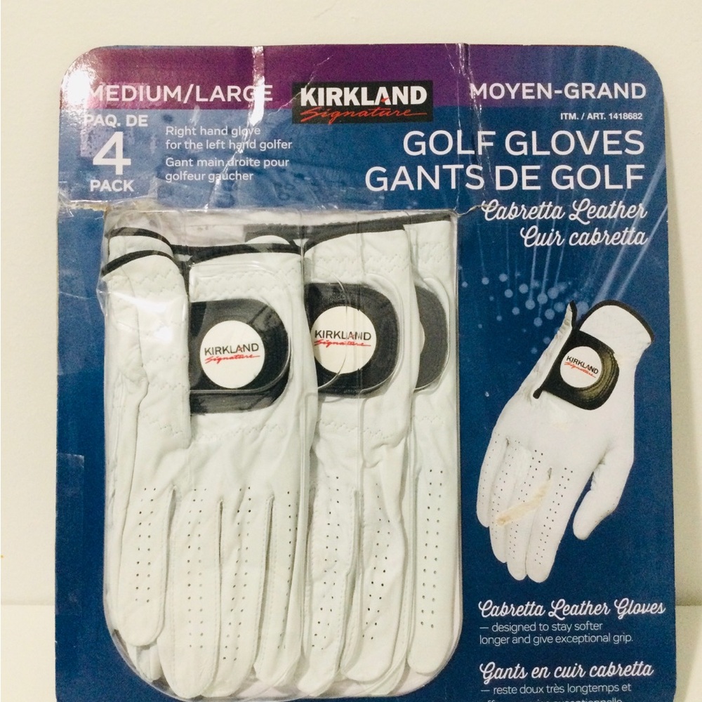 Kirkland Signature White Cabretta Leather Golf Gloves 4-Pack, Med/Large